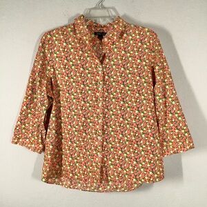 LANDS' END No-Iron Button Up Shirt Supima Poplin Citrus Print Resort Cruise 16